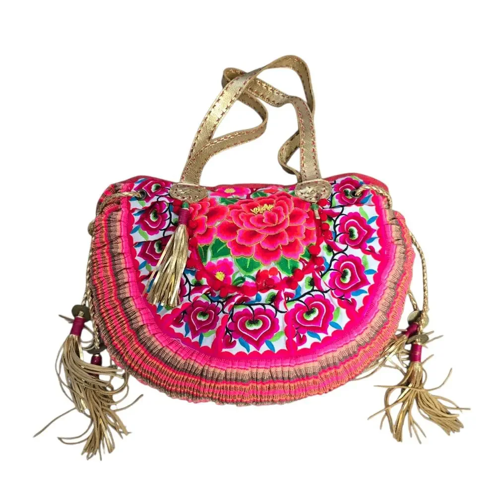 Boho Floral Embroidered Half Moon Shoulder Bag Ethnic Thai Tote Pink